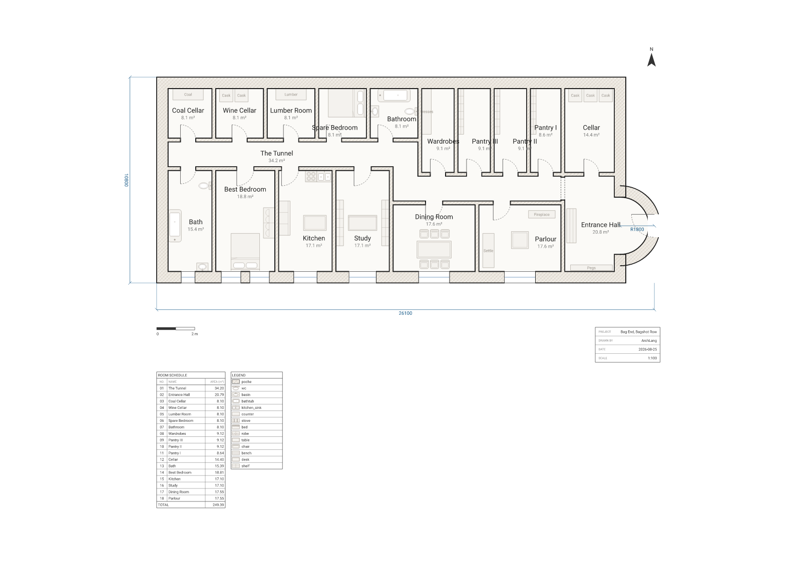 Floor plan of Bag End, a hobbit-hole excavated into a hillside with all windows on the south face