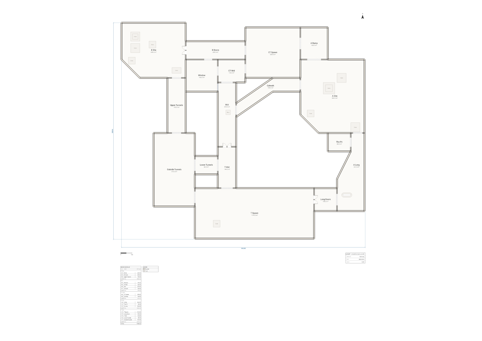 Floor plan of the Counter-Strike map de_dust2 drawn as a 106 by 94 metre building