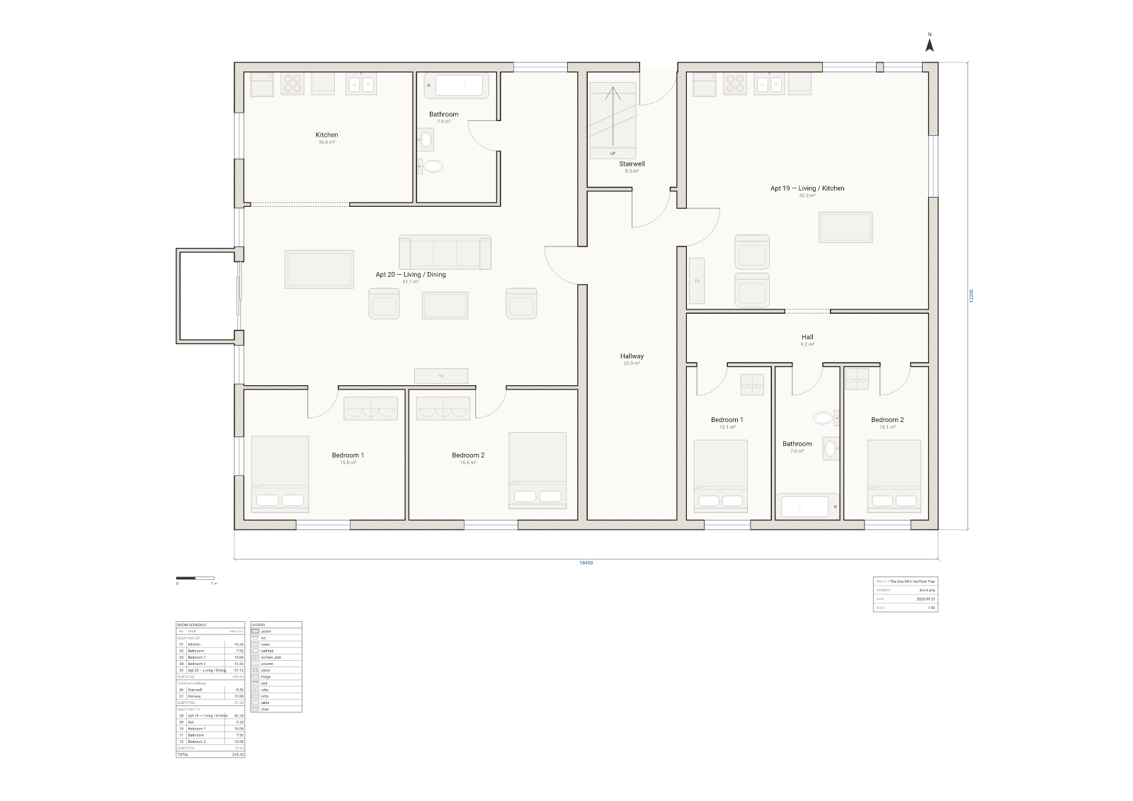 Floor plan of apartments 19 and 20 from Friends facing each other across a common hallway
