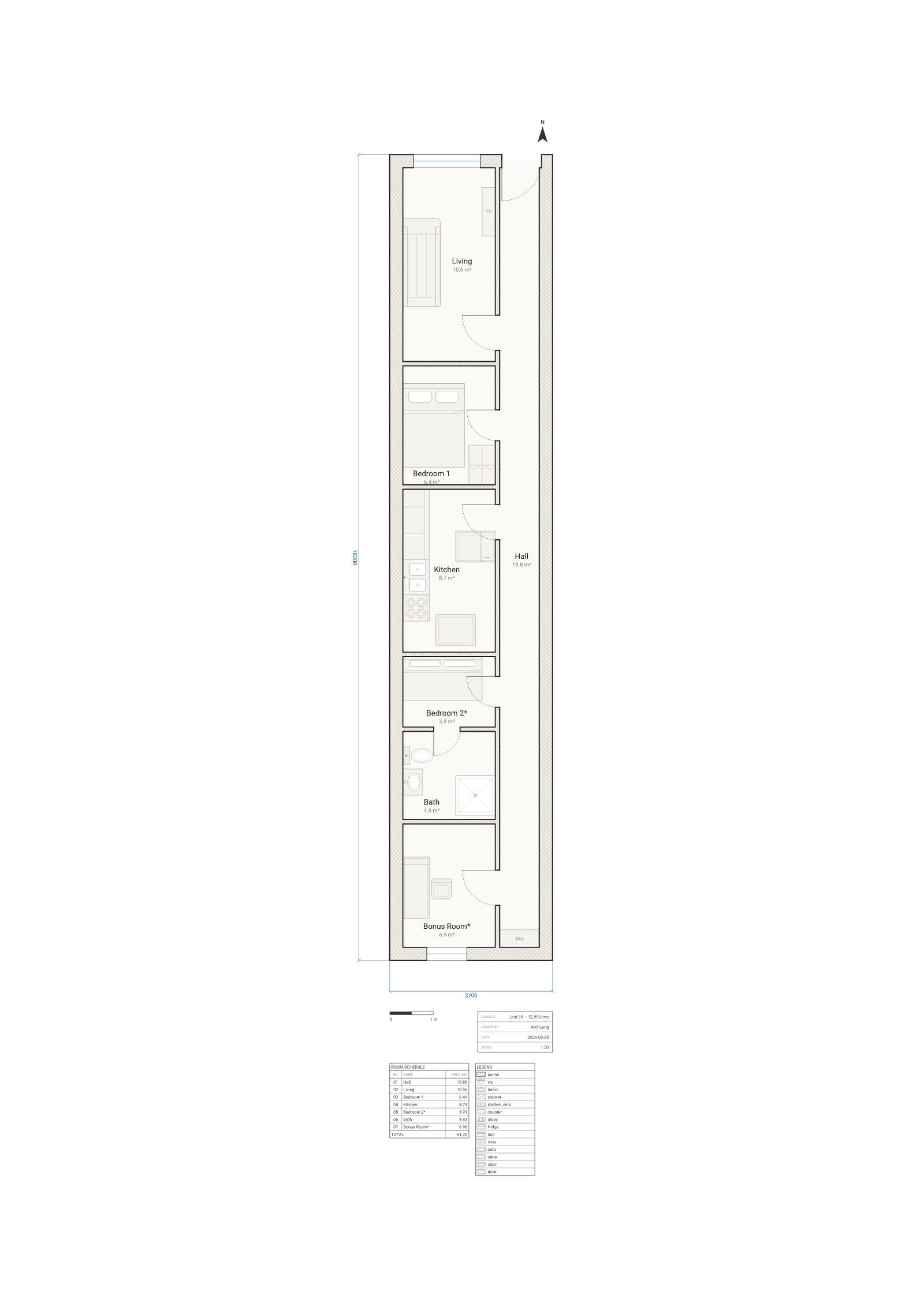 Floor plan of a narrow railroad-style apartment, seven rooms strung along a single hallway