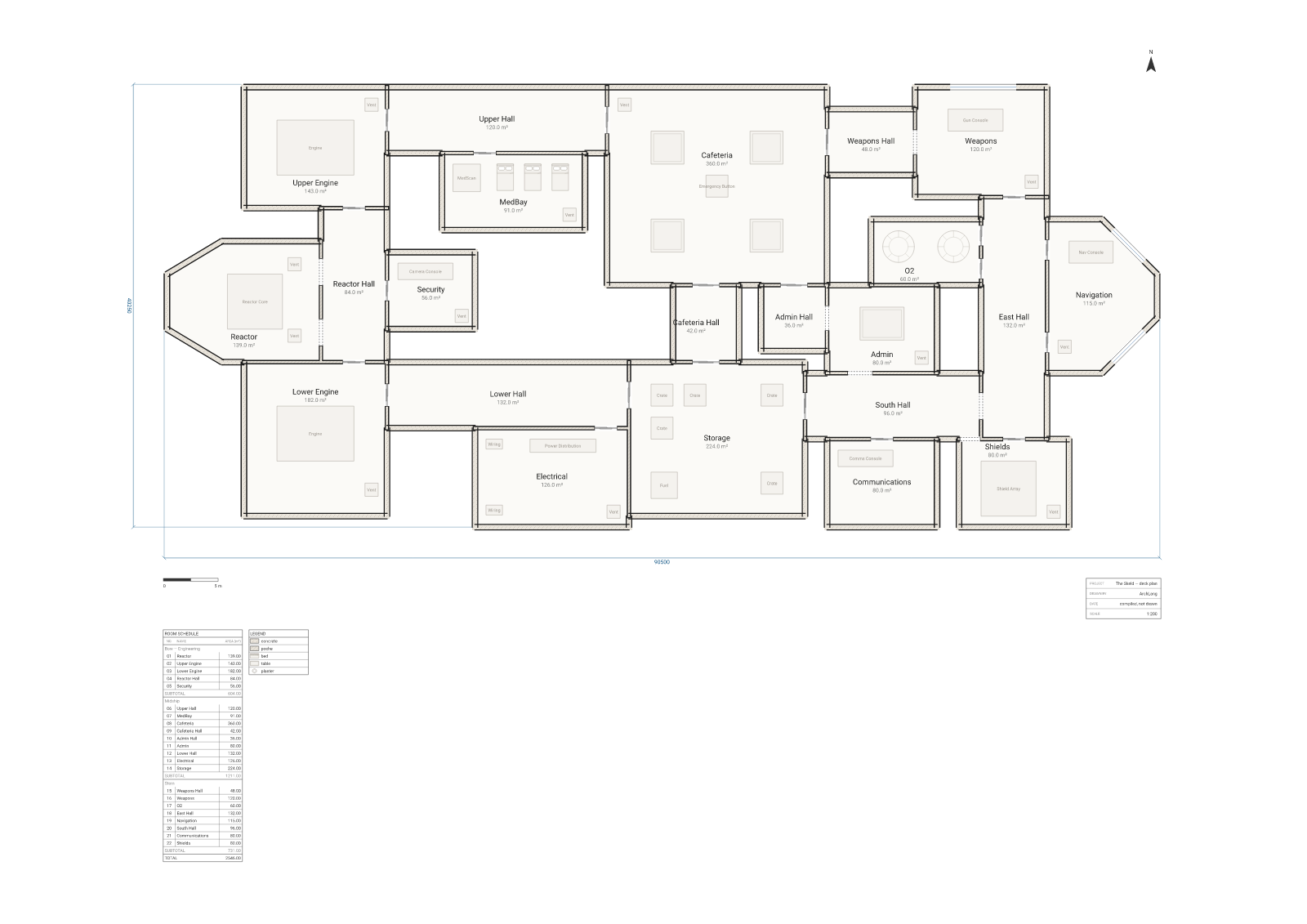 Deck plan of The Skeld from Among Us, 22 rooms across bow, midship and stern zones
