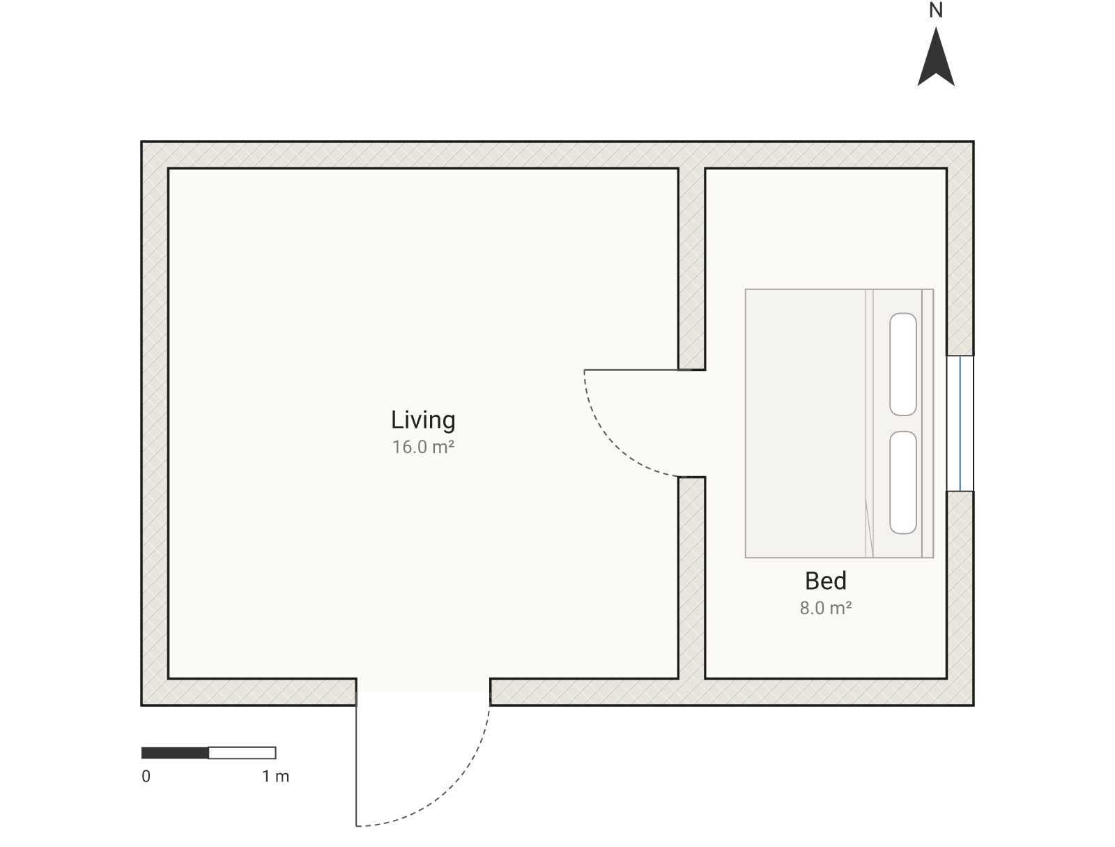 Floor plan of a two-room house compiled from 290 bytes of ArchLang source