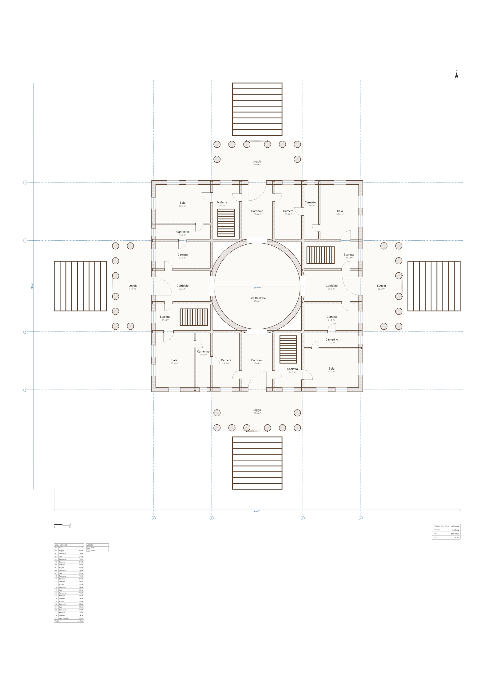 Floor plan of Palladio's Villa La Rotonda, four identical quarters around a domed rotunda