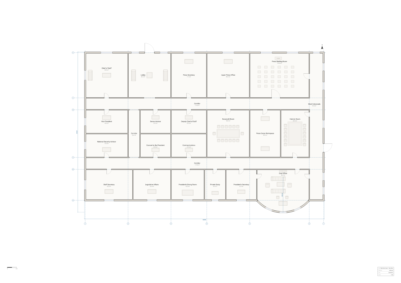 Floor plan of the West Wing of the White House, 24 rooms on an A1 sheet